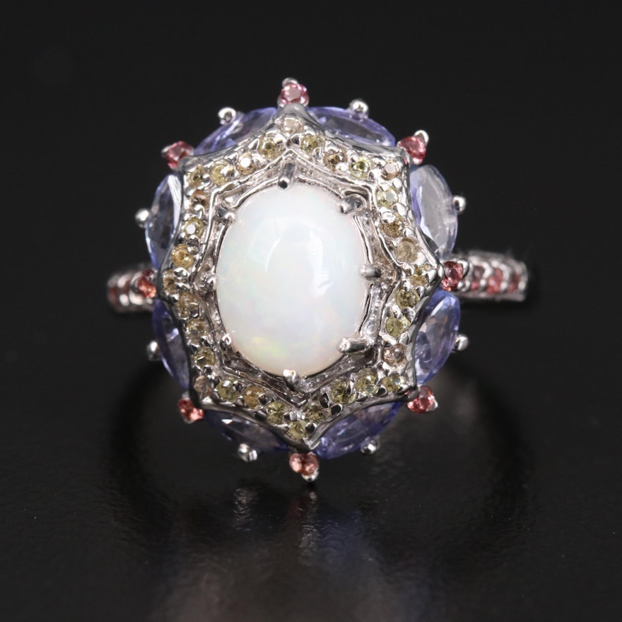 Sterling Silver Opal, Tanzanite and Sapphire Ring