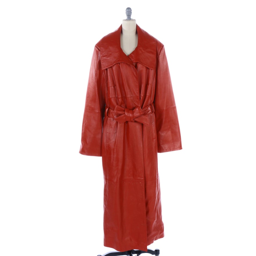 Barbara King Red Leather Double-Breasted Coat with Tie Belt and Wide Collar