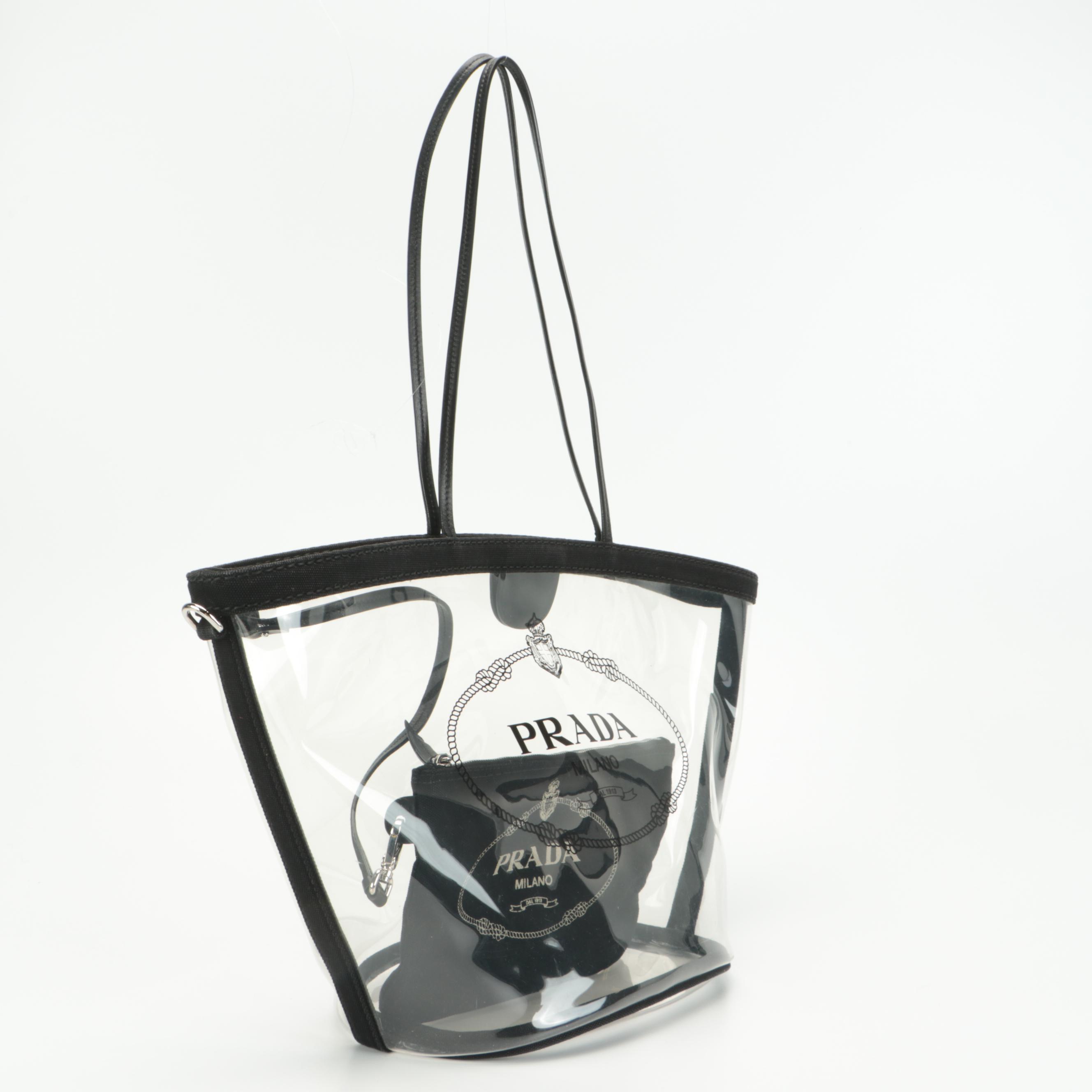 Prada Logo Beach Tote 1BG166 in Transparent Vinyl with Canvas and Leather Trim
