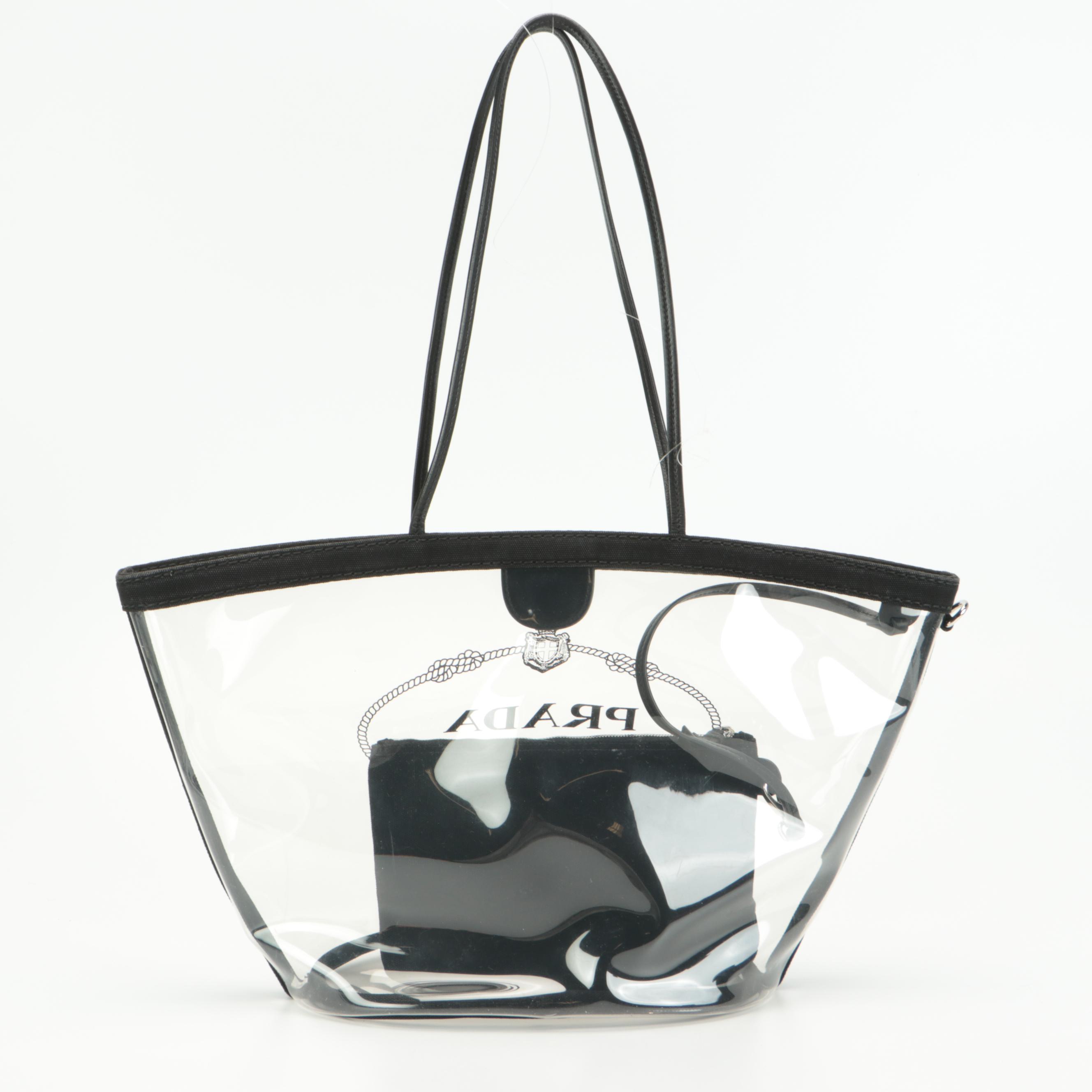 Prada Logo Beach Tote 1BG166 in Transparent Vinyl with Canvas and Leather Trim