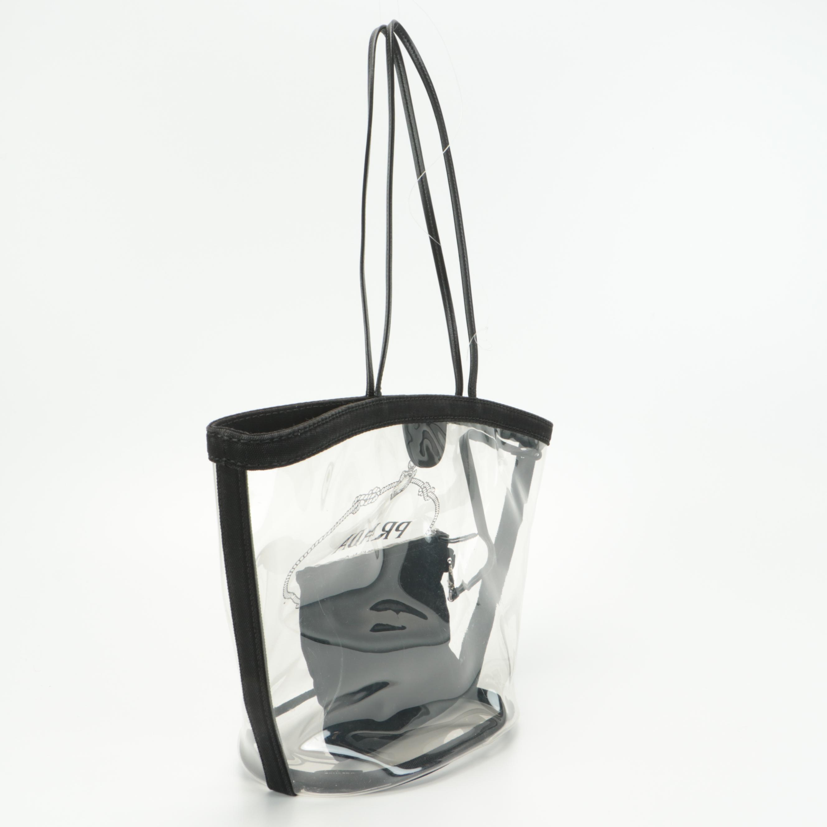Prada Logo Beach Tote 1BG166 in Transparent Vinyl with Canvas and Leather Trim