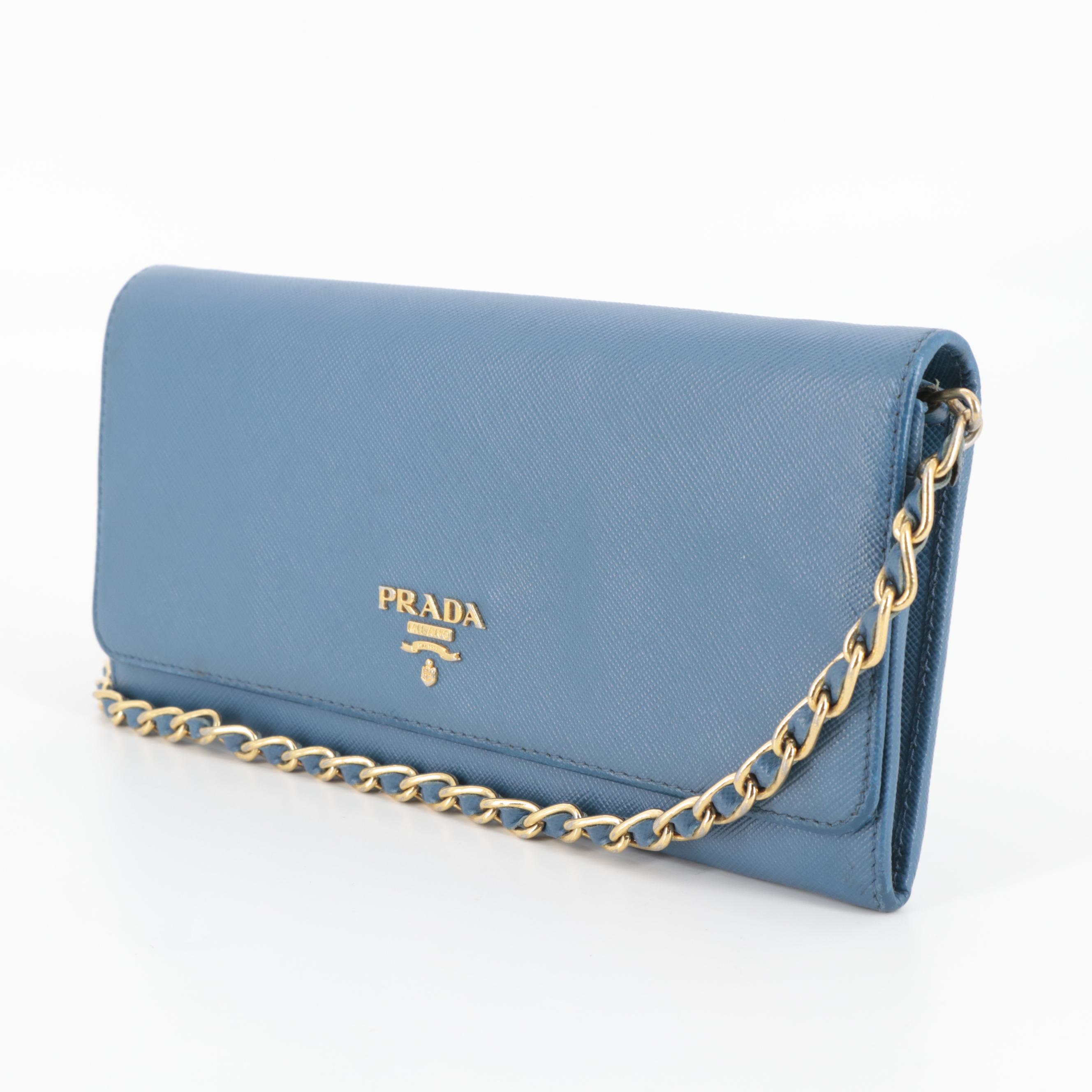 Prada Blue Saffiano Leather Wallet on Chain