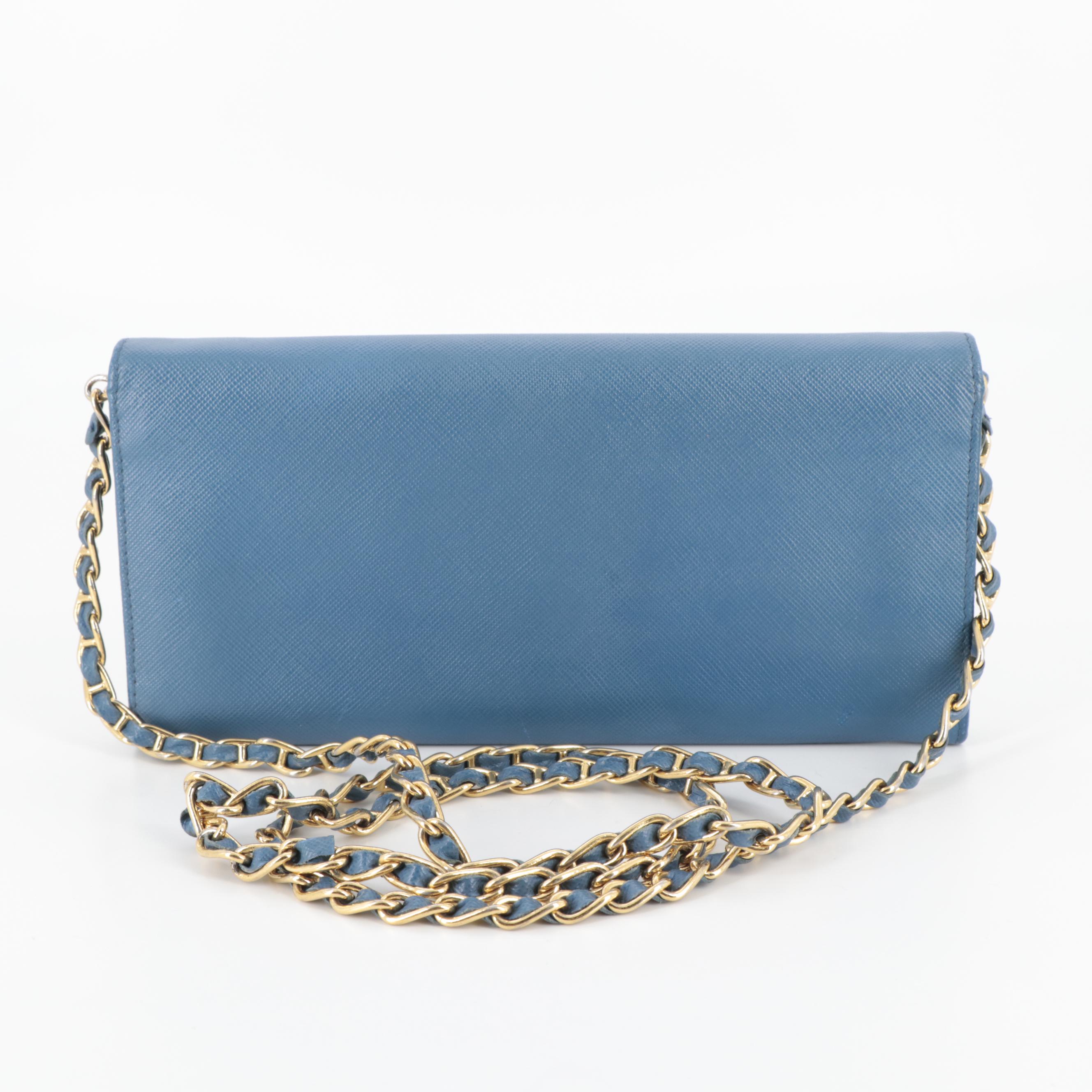 Prada Blue Saffiano Leather Wallet on Chain