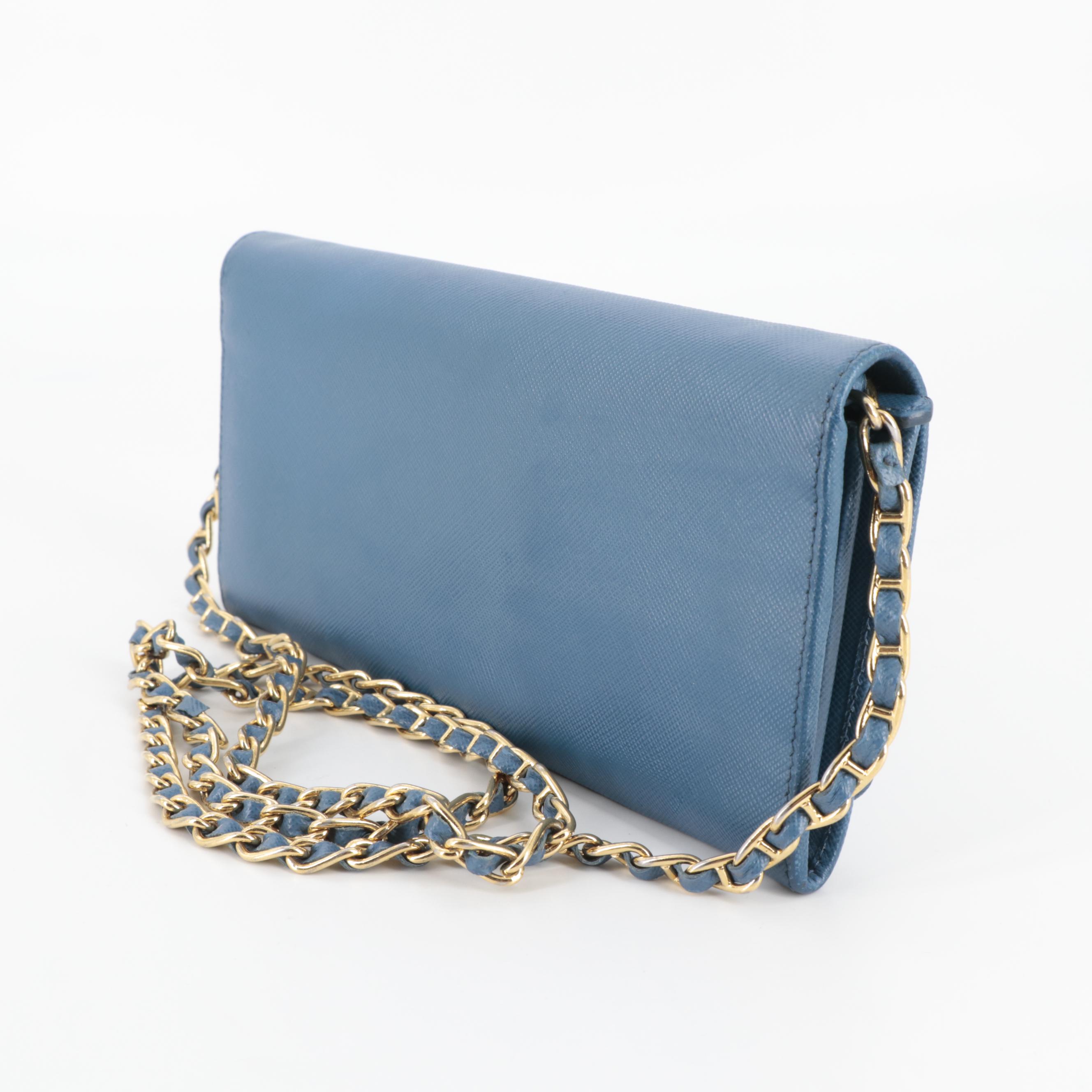 Prada Blue Saffiano Leather Wallet on Chain