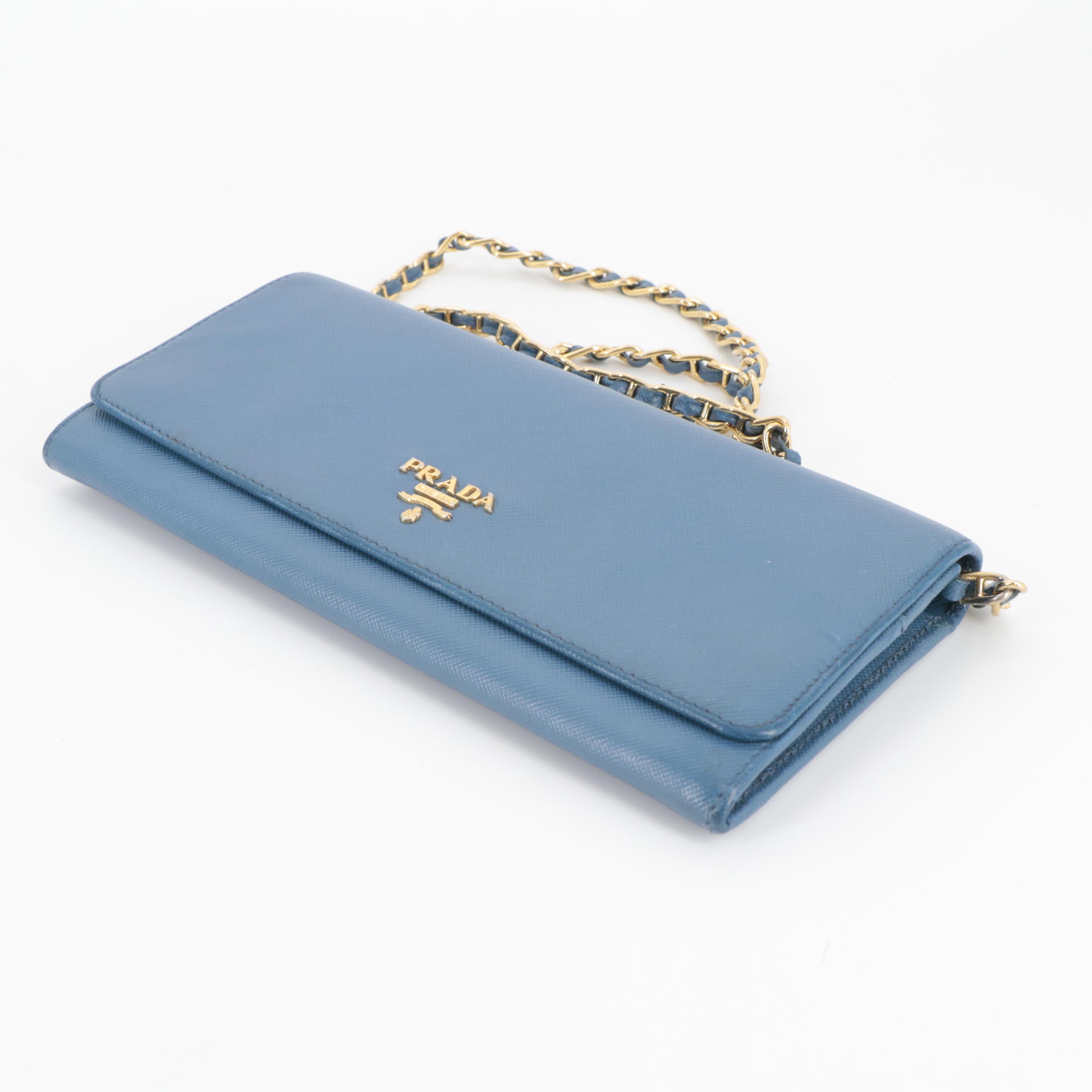 Prada Blue Saffiano Leather Wallet on Chain