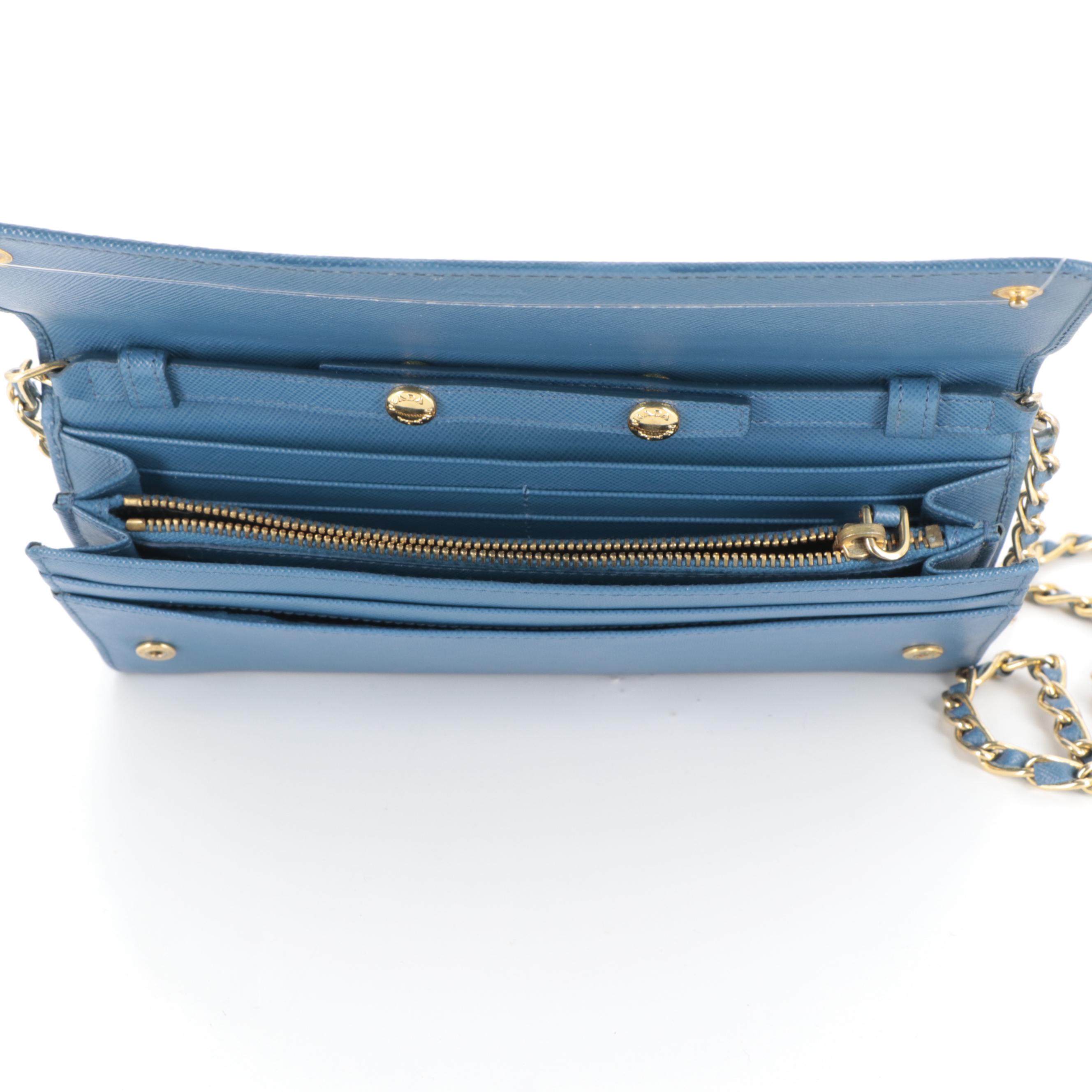 Prada Blue Saffiano Leather Wallet on Chain