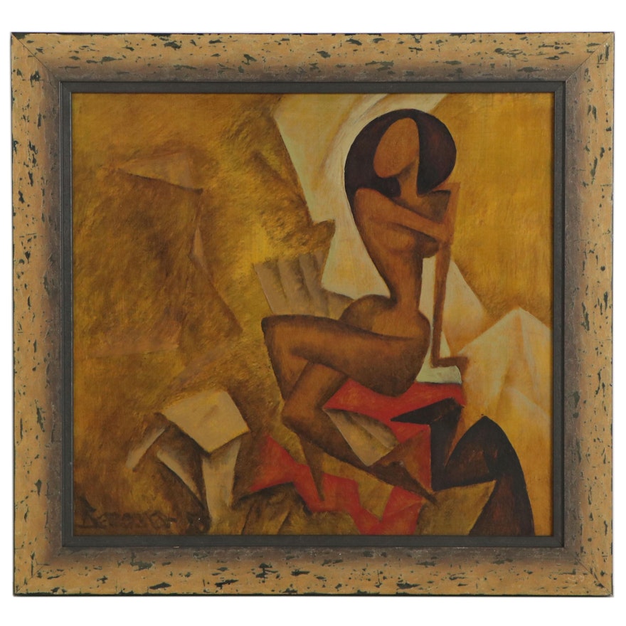 Vataman Nikolay Pavlovich Cubist Style Oil Painting of Seated Female Nude