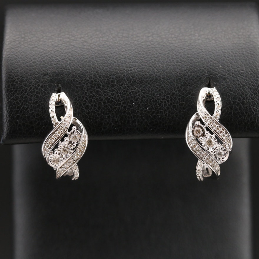 Sterling Diamond J Hoop Earrings