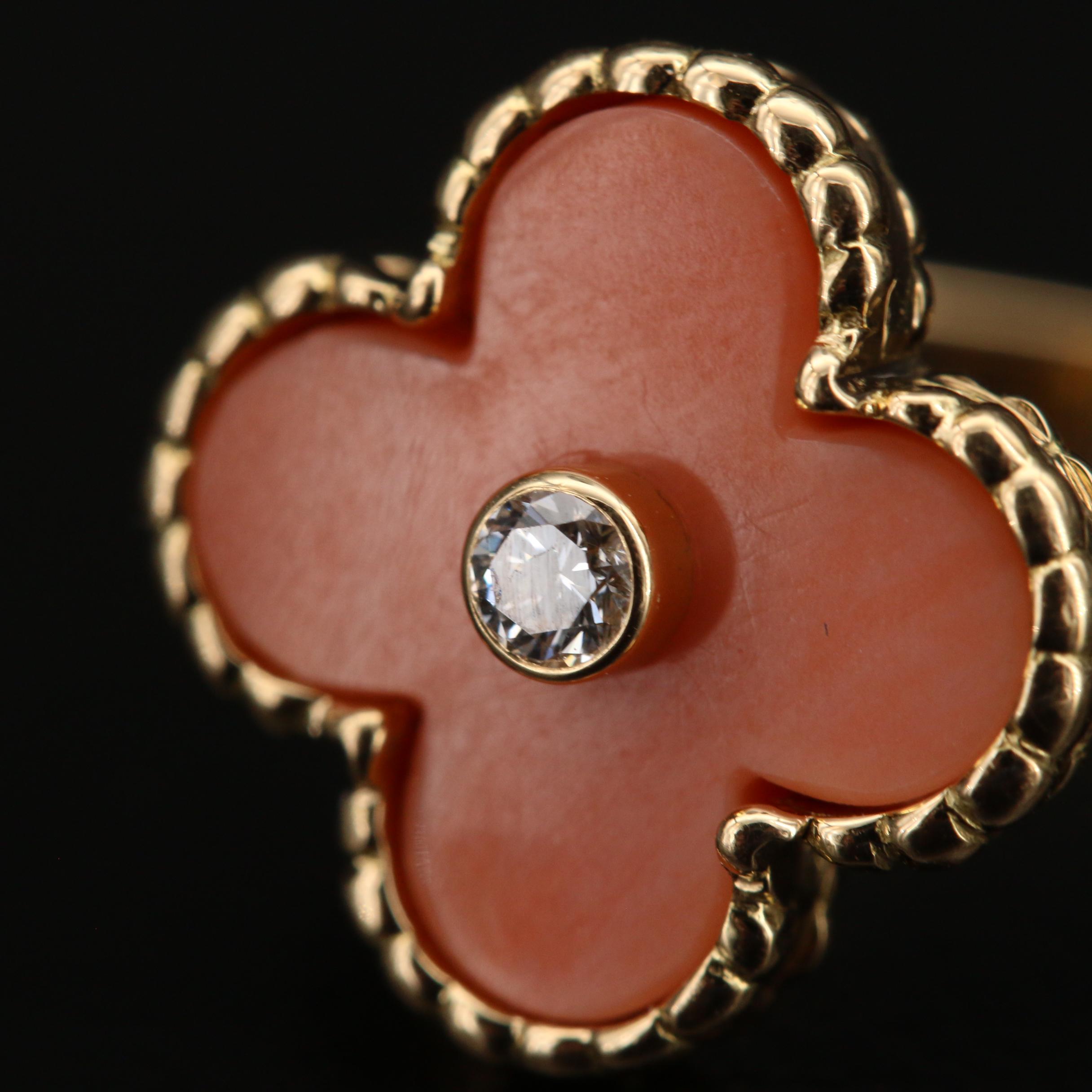 Van Cleef & Arpels 18K Coral and Diamond Alhambra Ring