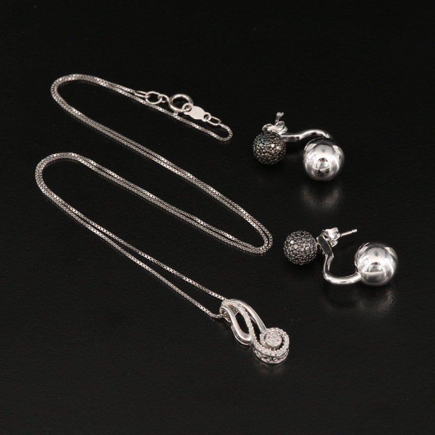Sterling Silver Diamond Pendant Necklace and Earrings
