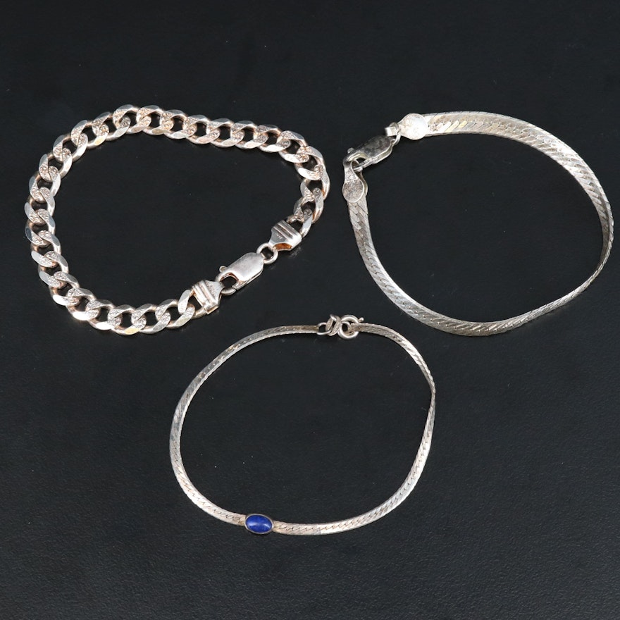 Sterling Silver Herringbone and Curb Chain Bracelets with Lapis Lazuli