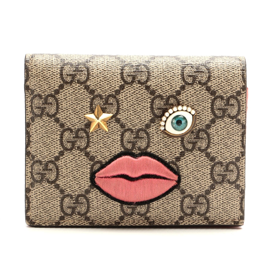 Gucci Appliqué and Embroidered Face Bifold in GG Supreme Canvas