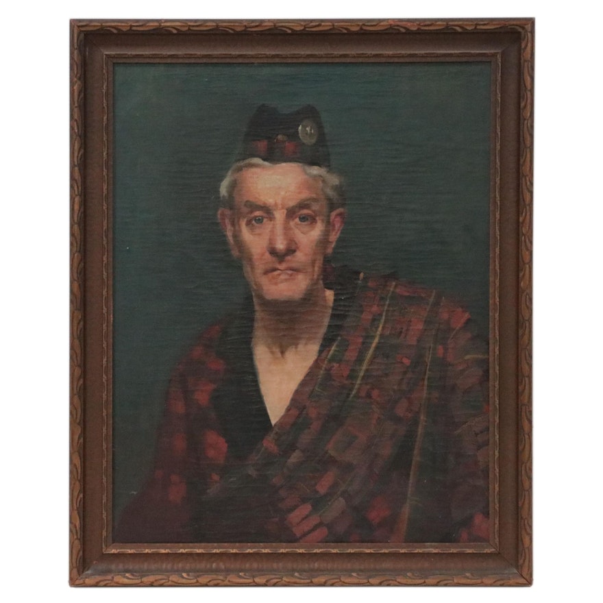Oil Painting of Man in Scottish Tartan in the Style of Roderick MacKenzie