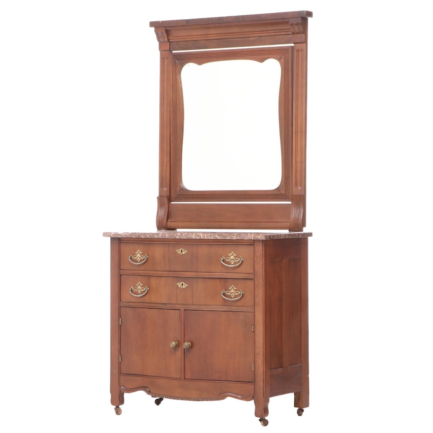 Victorian Walnut and Rouge Marble Mirror-Back Washstand, Late 19th Century