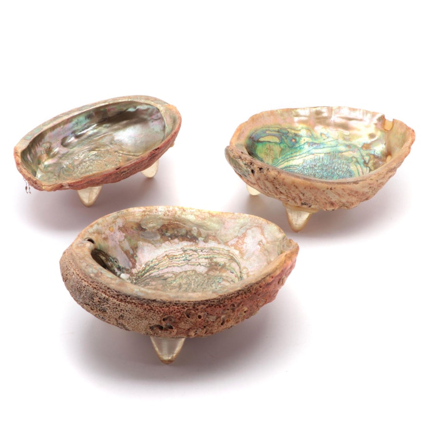 Mid Century Modern Abalone Sea Shell Serving Bowls with Applied Feet