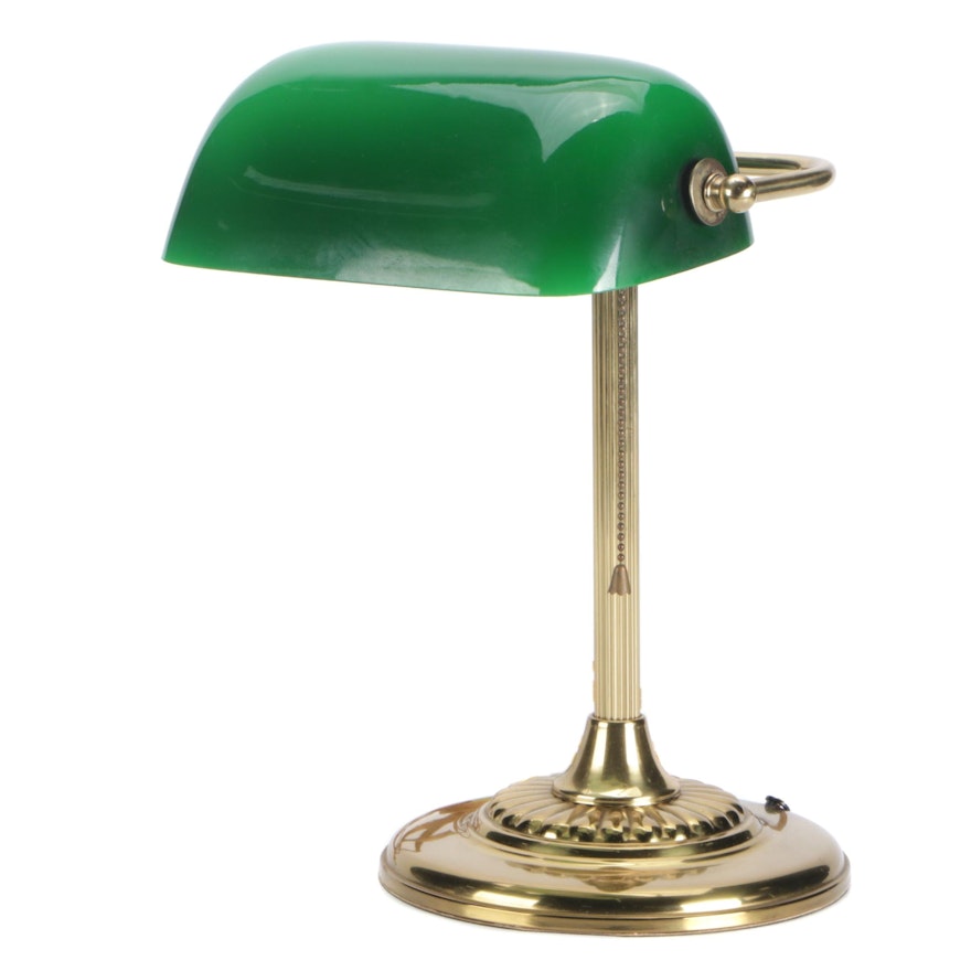 Art Deco Style Brass Bankers Desk Lamp with Green Glass Shade, Late 20th C