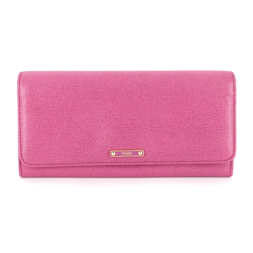 Fendi Continental Flap Wallet 8MO251 in Pink Textured Leather
