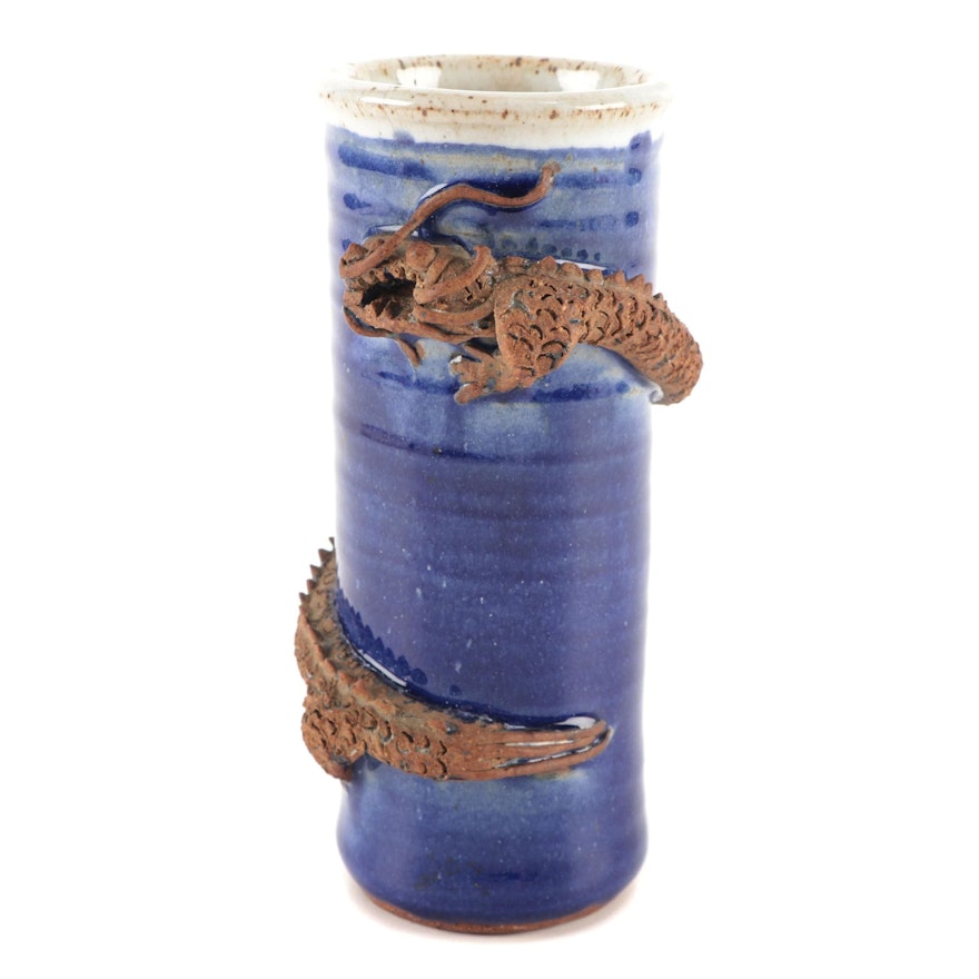 Dragon Fired Studio Pottery Cylindrical Vase with Applied Coiled Dragon