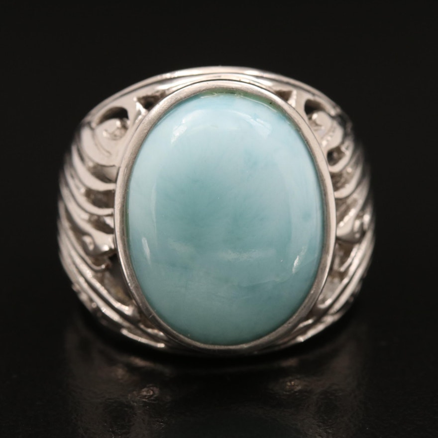 Sterling Larimar Ring with Wave Motif Shoulders