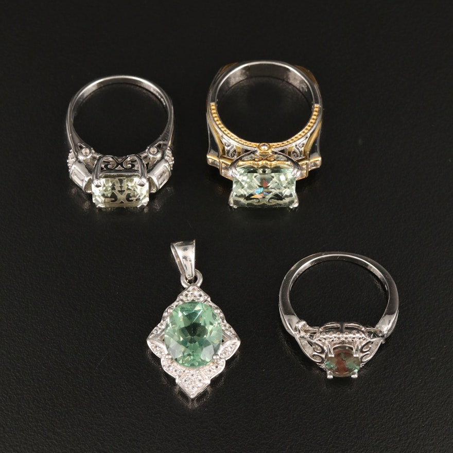 Sterling Rings and Pendant with Fluorite, Prasiolite and Gemstones