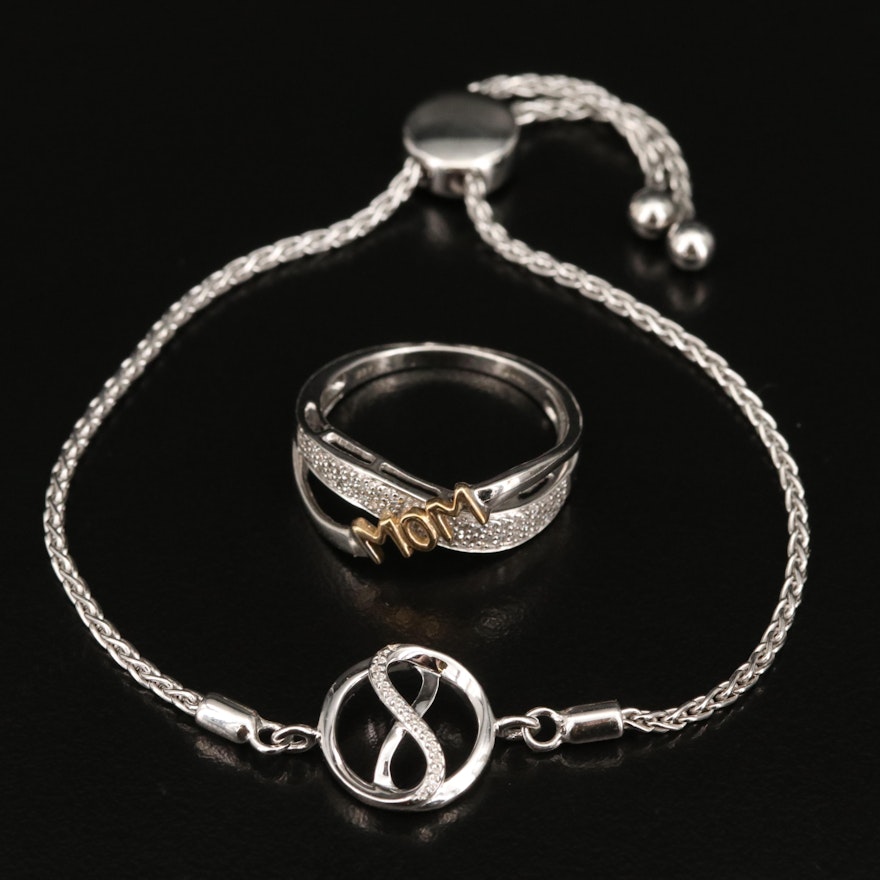 Sterling "Mom" Ring and Infinity Bolo Bracelet with Diamond Accents