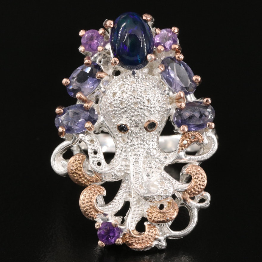 Sterling Octopus Ring with Opal, Iolite and Amethyst