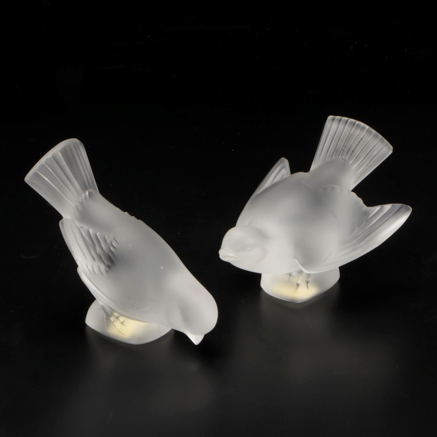 Lalique "Moineau Coléreux" and "Moineau Hardi" Frosted Crystal Paperweights