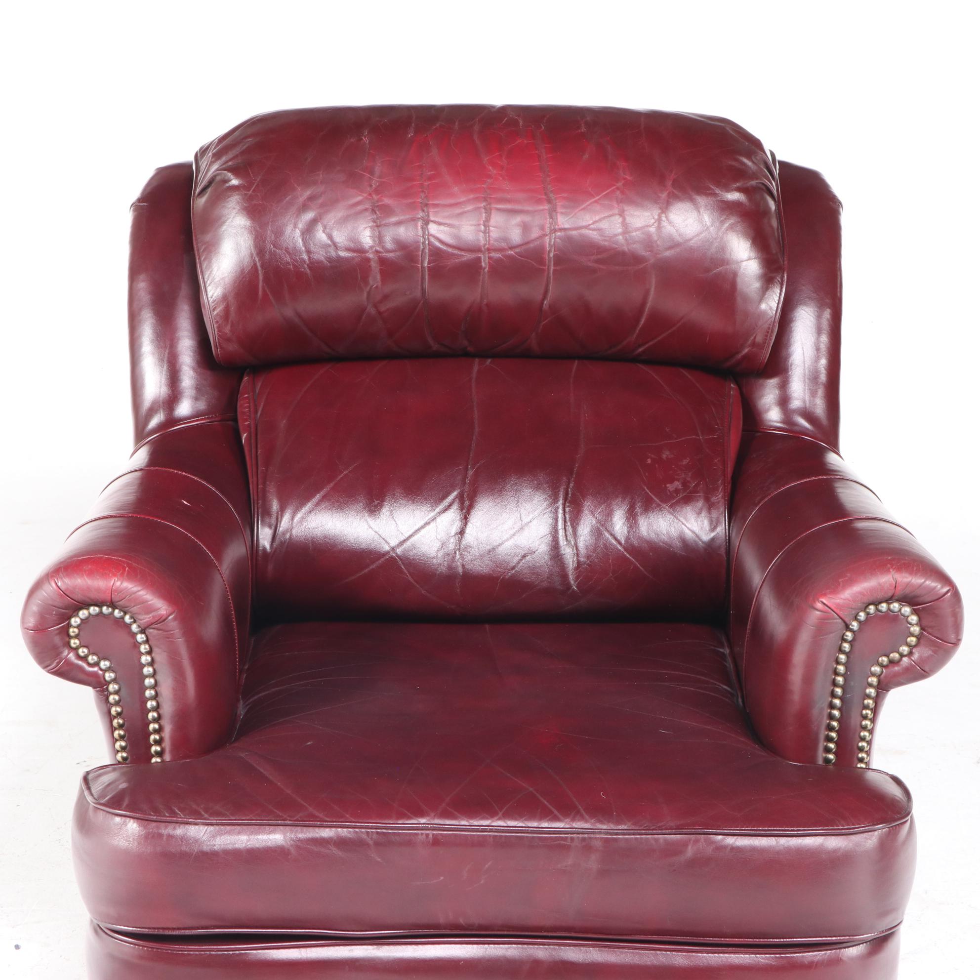 Jamestown Sterling Brass-Tacked and Burgundy Leather Club Chair and Ottoman