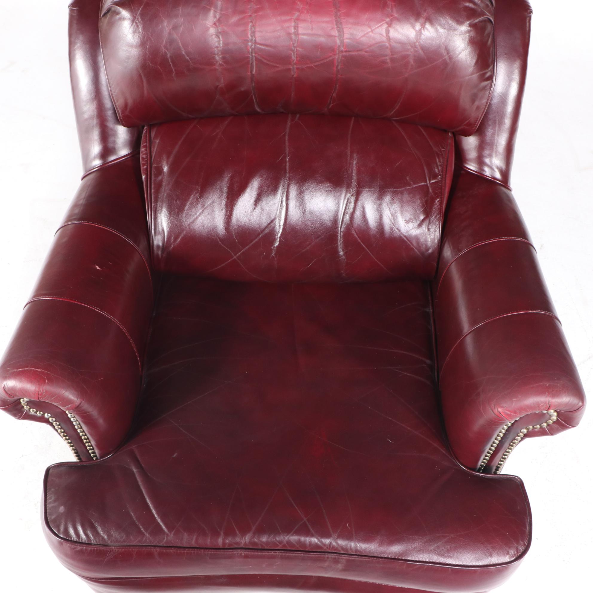 Jamestown Sterling Brass-Tacked and Burgundy Leather Club Chair and Ottoman