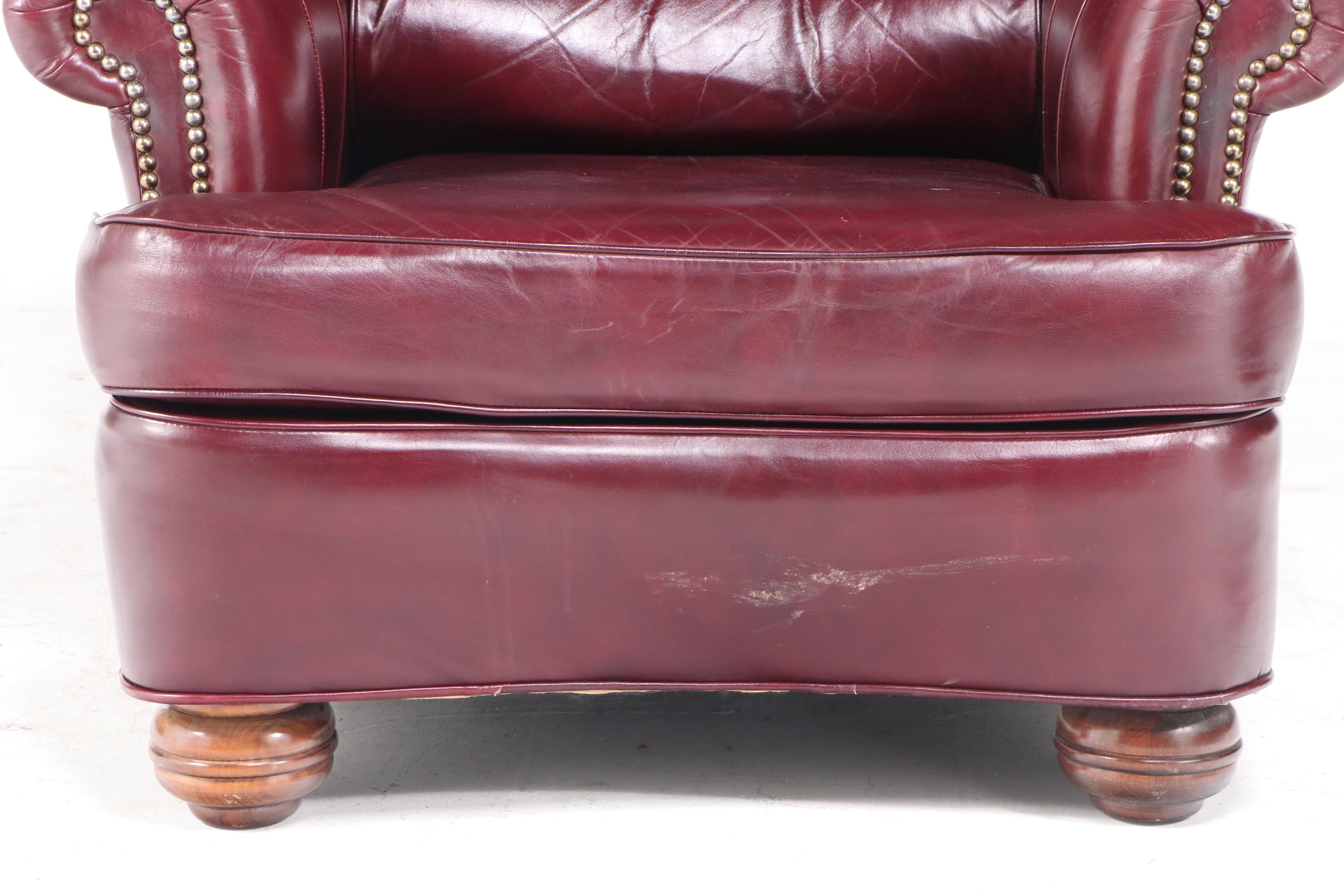 Jamestown Sterling Brass-Tacked and Burgundy Leather Club Chair and Ottoman