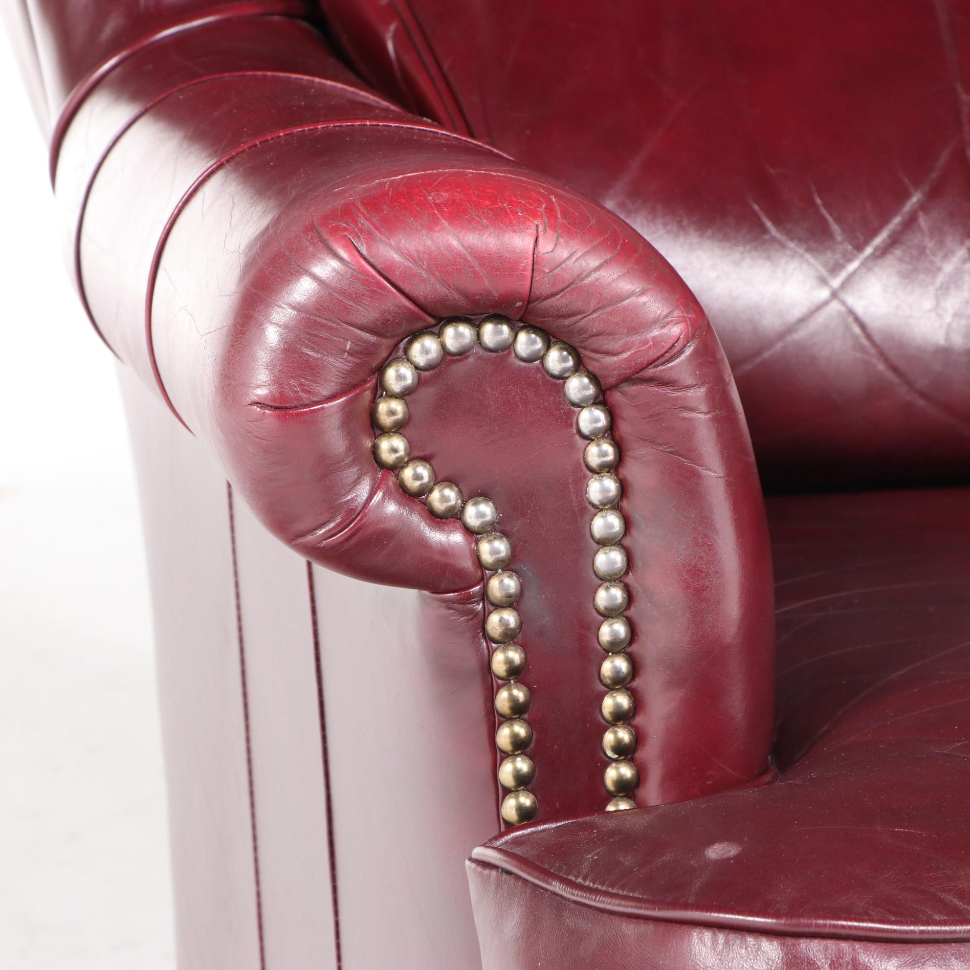 Jamestown Sterling Brass-Tacked and Burgundy Leather Club Chair and Ottoman