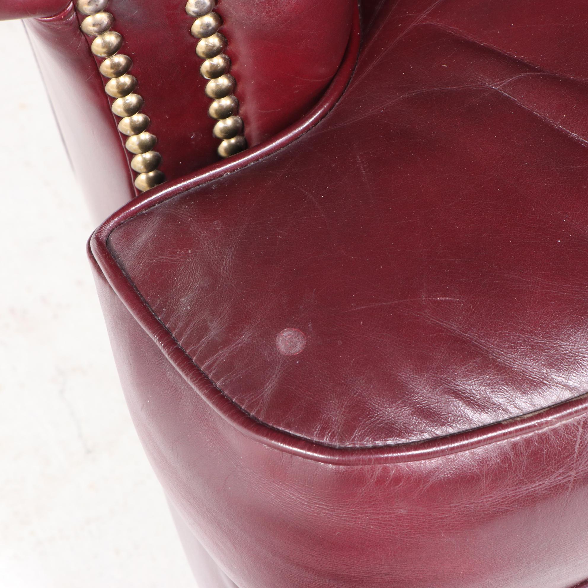 Jamestown Sterling Brass-Tacked and Burgundy Leather Club Chair and Ottoman