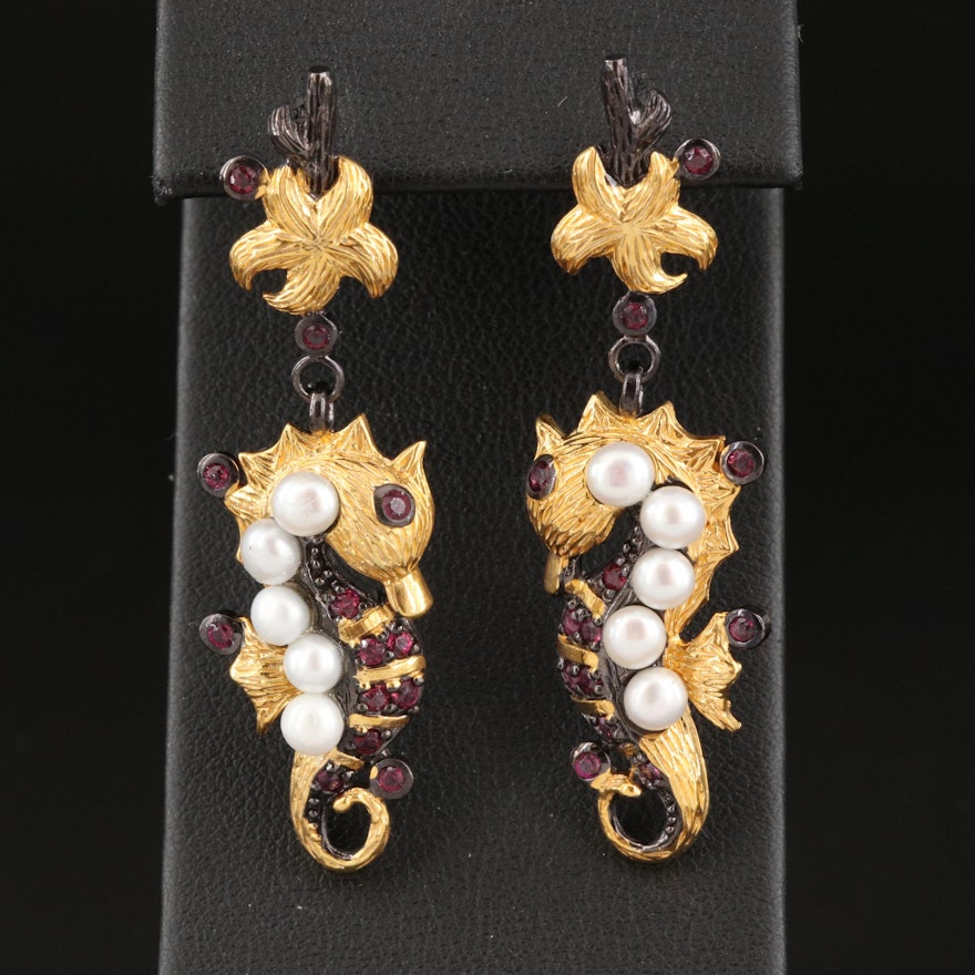 Sterling Seahorse Earrings with Pearl and Garnet