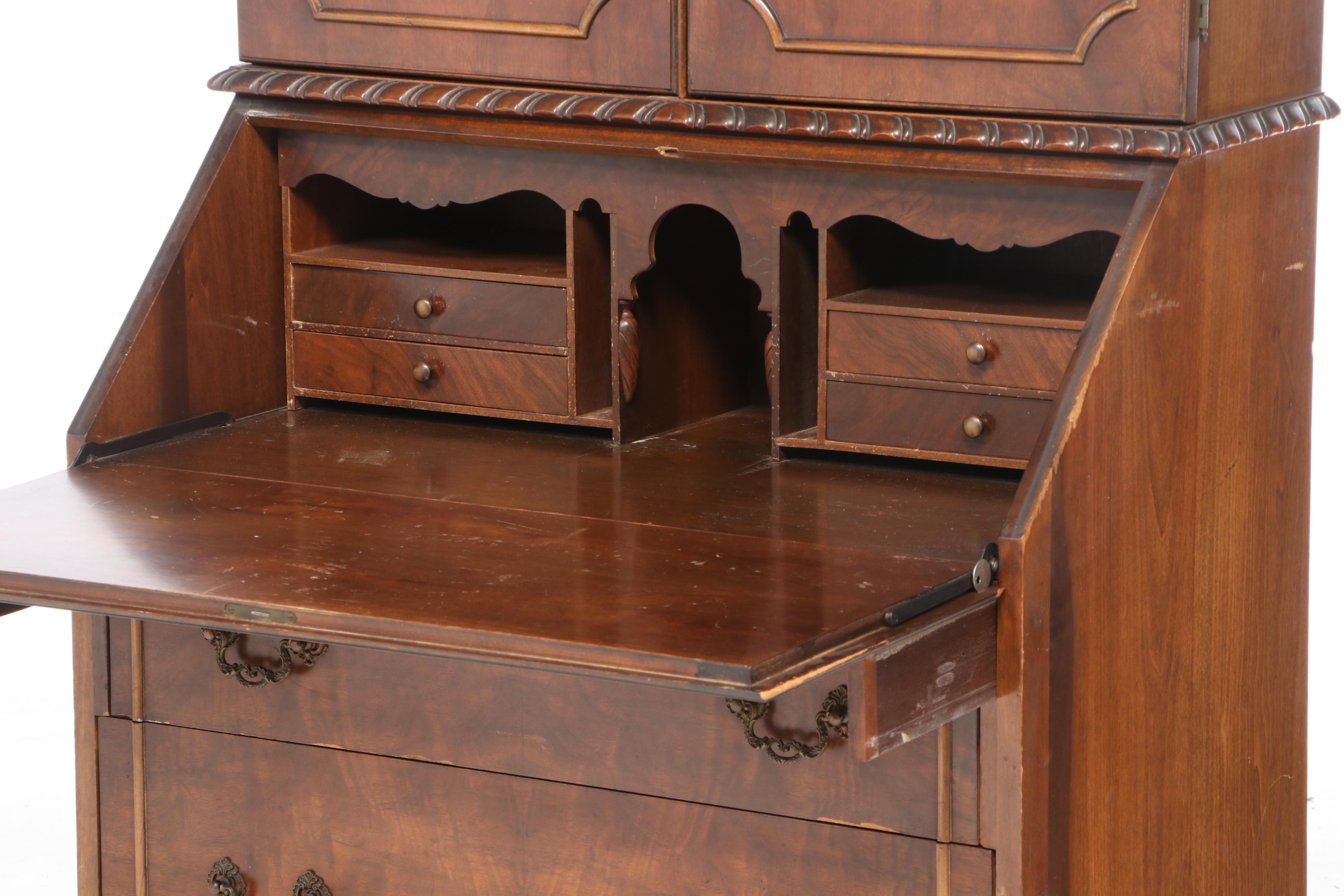 George II Style Figured Walnut Bureau Bookcase, Early to Mid 20th Century