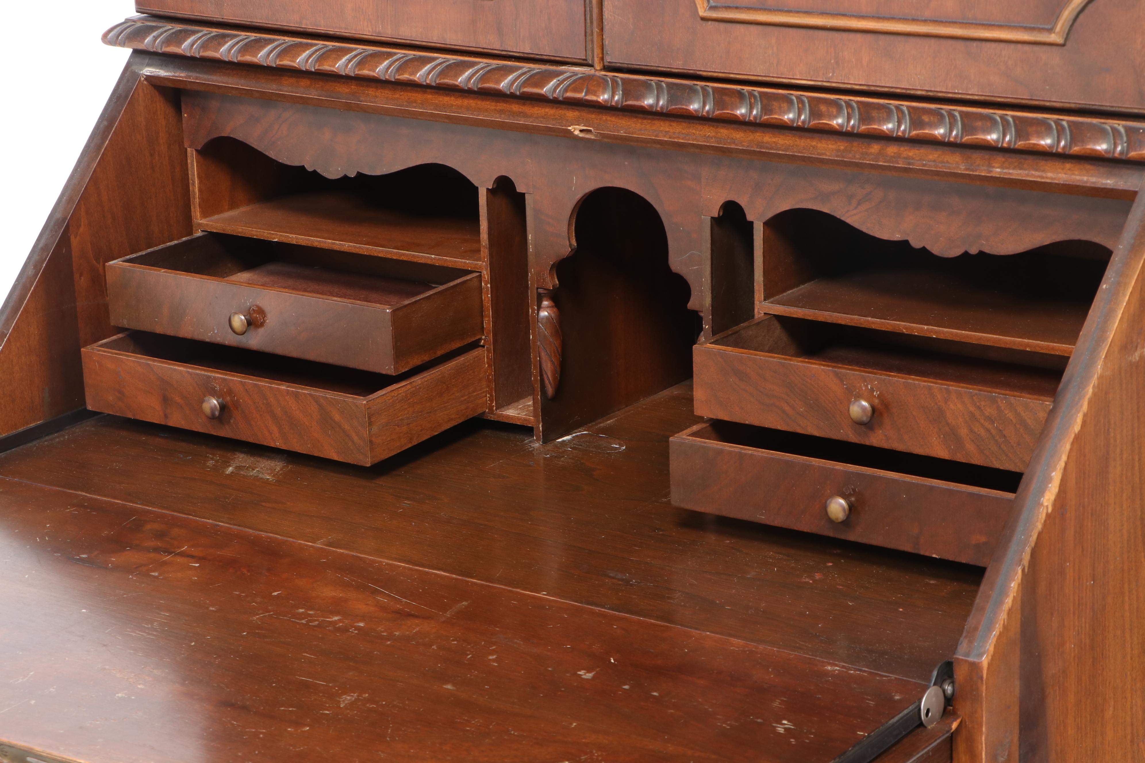 George II Style Figured Walnut Bureau Bookcase, Early to Mid 20th Century
