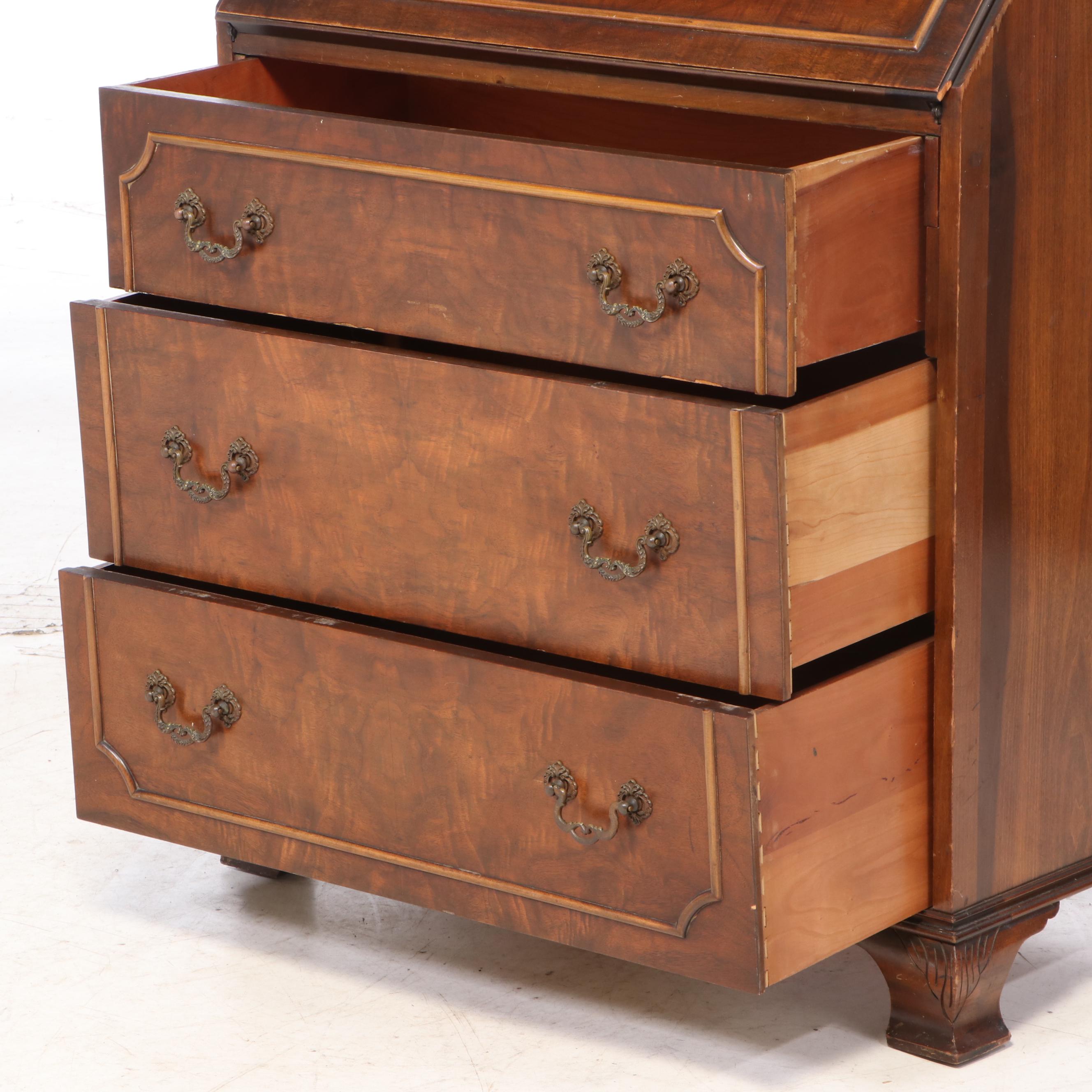 George II Style Figured Walnut Bureau Bookcase, Early to Mid 20th Century