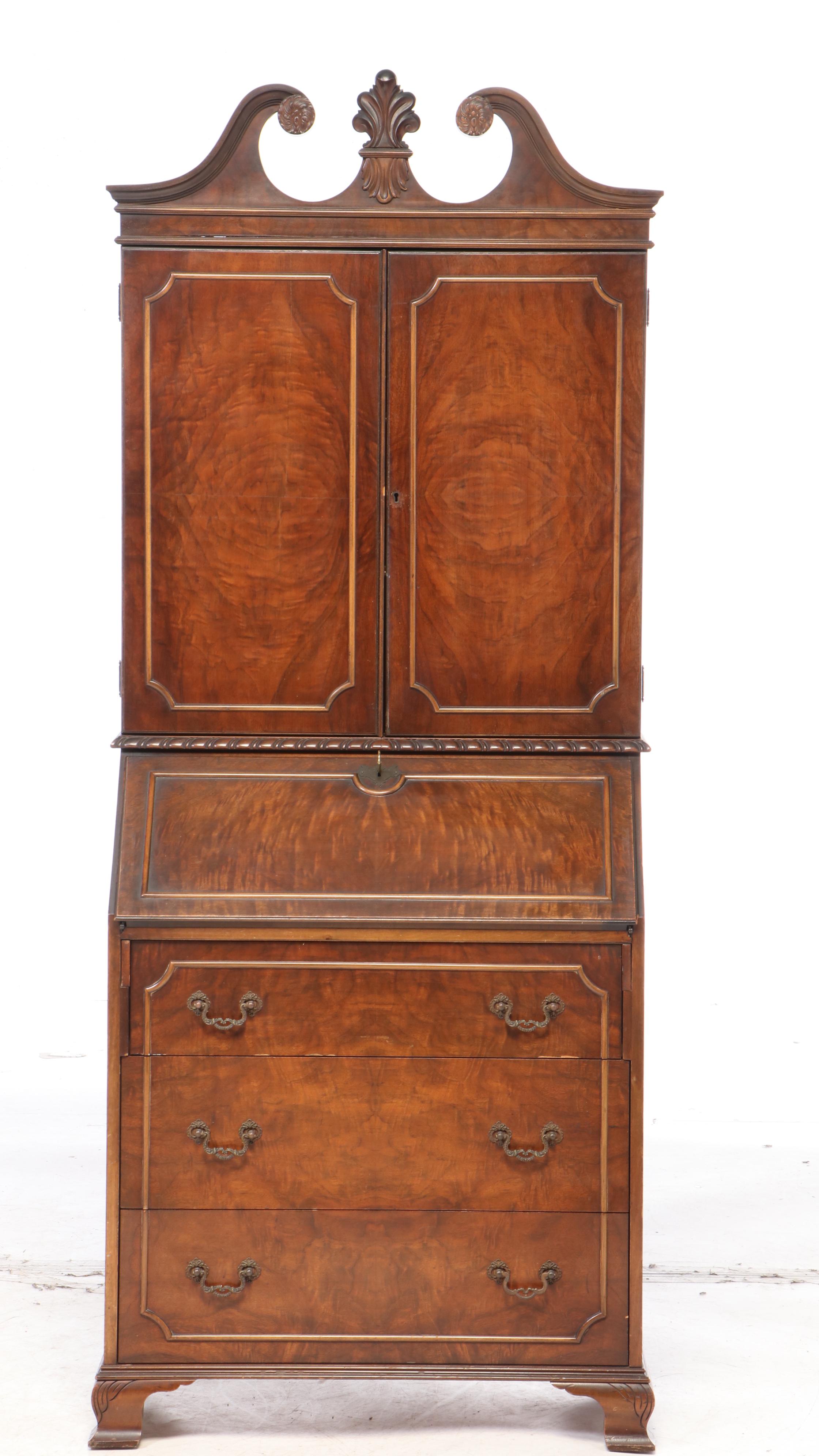 George II Style Figured Walnut Bureau Bookcase, Early to Mid 20th Century