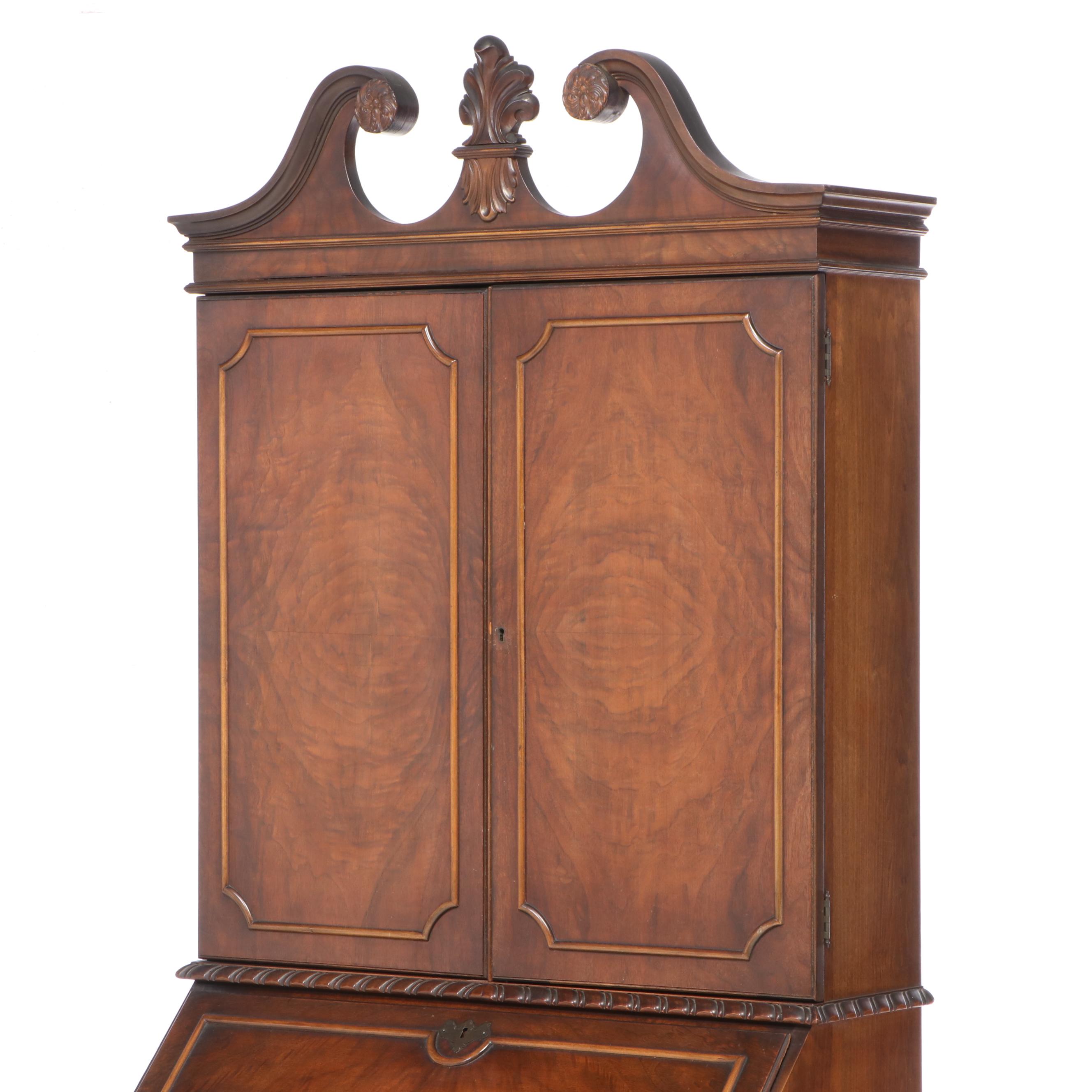 George II Style Figured Walnut Bureau Bookcase, Early to Mid 20th Century