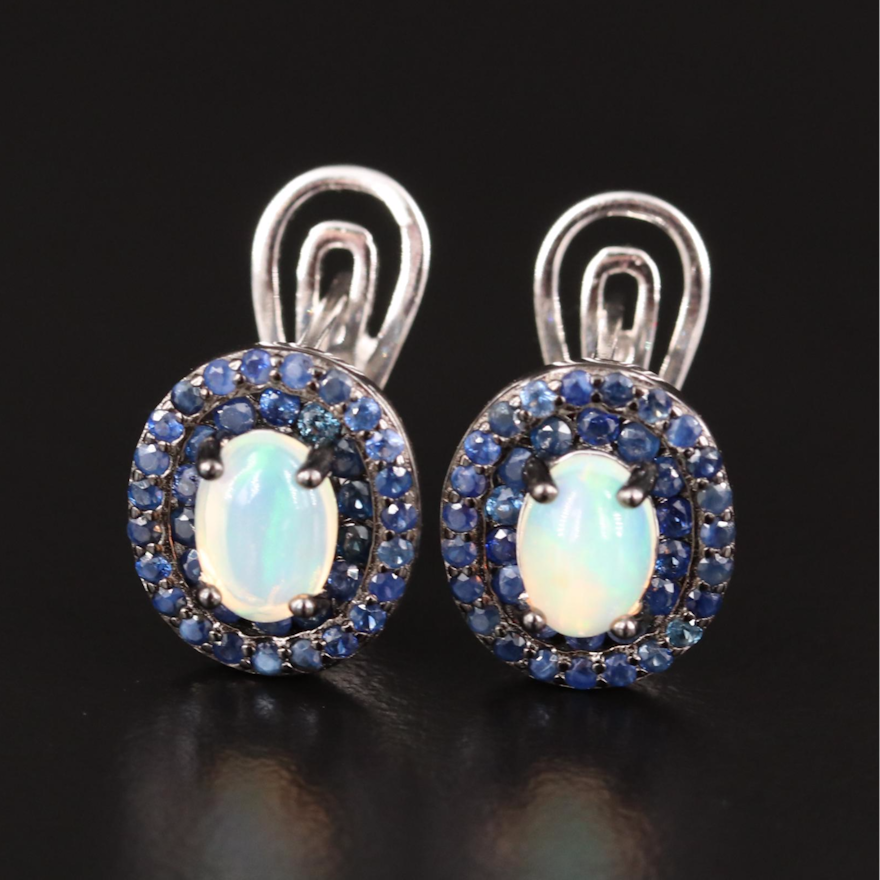 Sterling Silver Opal and Sapphire Oval Earrings