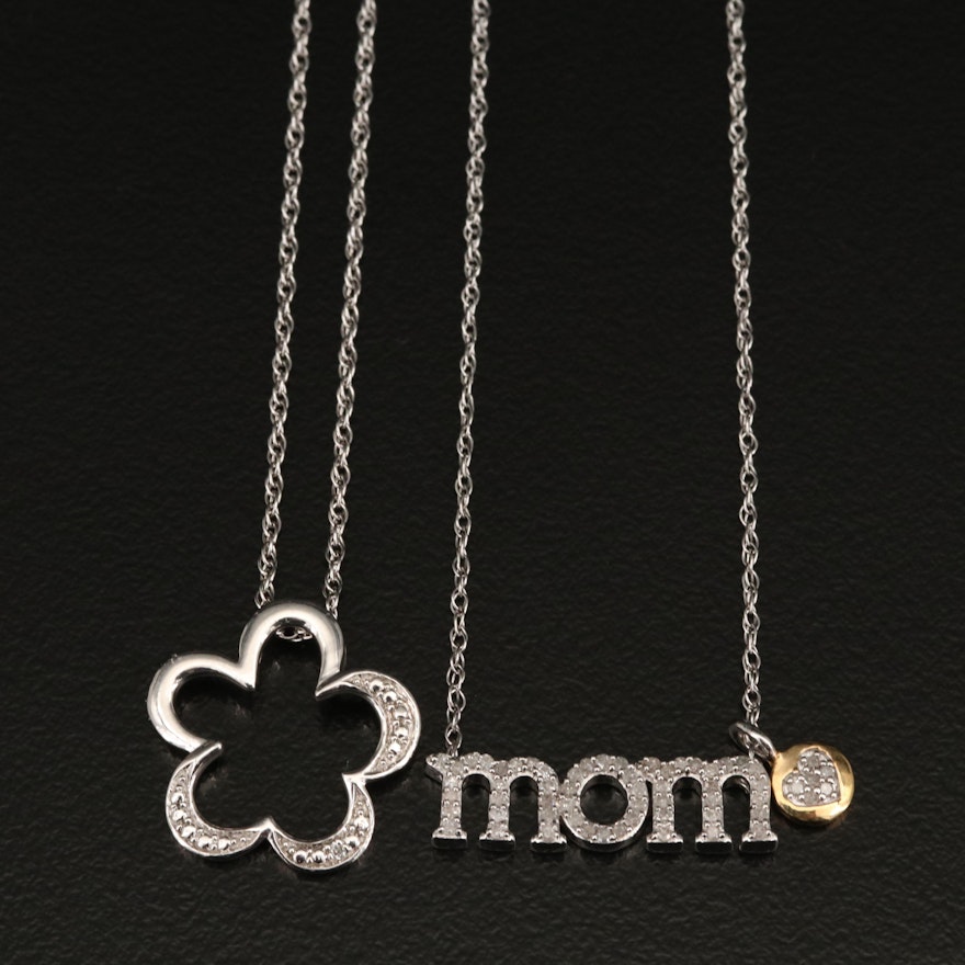 Sterling Silver Diamond "Mom" and Floral Pendant Necklaces