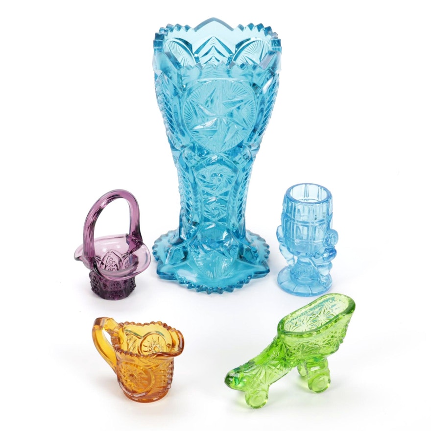 Fenton Glass Roller Skate, Creamer, Basket and Other Vases