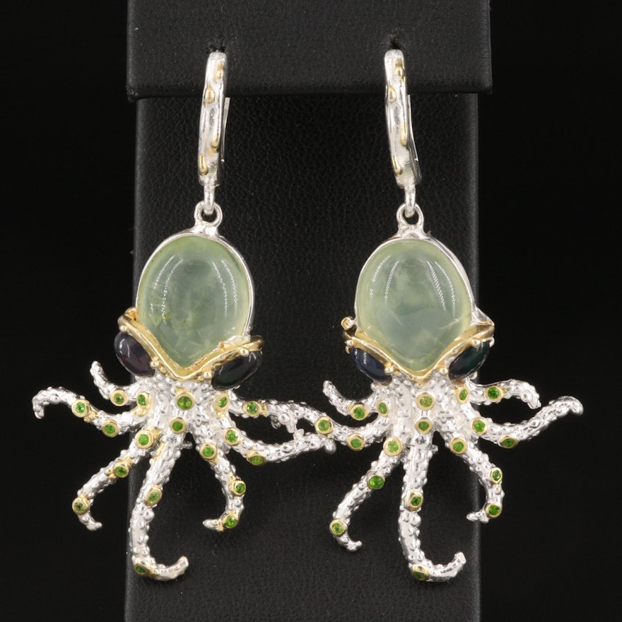 Sterling Silver Prehnite, Diopside and Opal Octopus Earrings