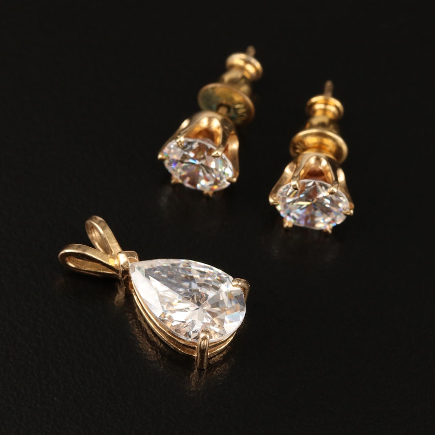 14K Cubic Zirconia Stud Earrings and Pendant