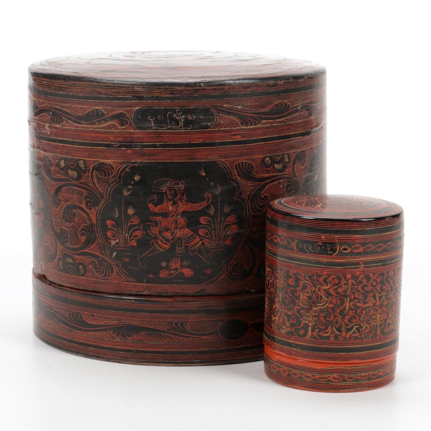Thai Red and Black Lacquered Cylinder Boxes