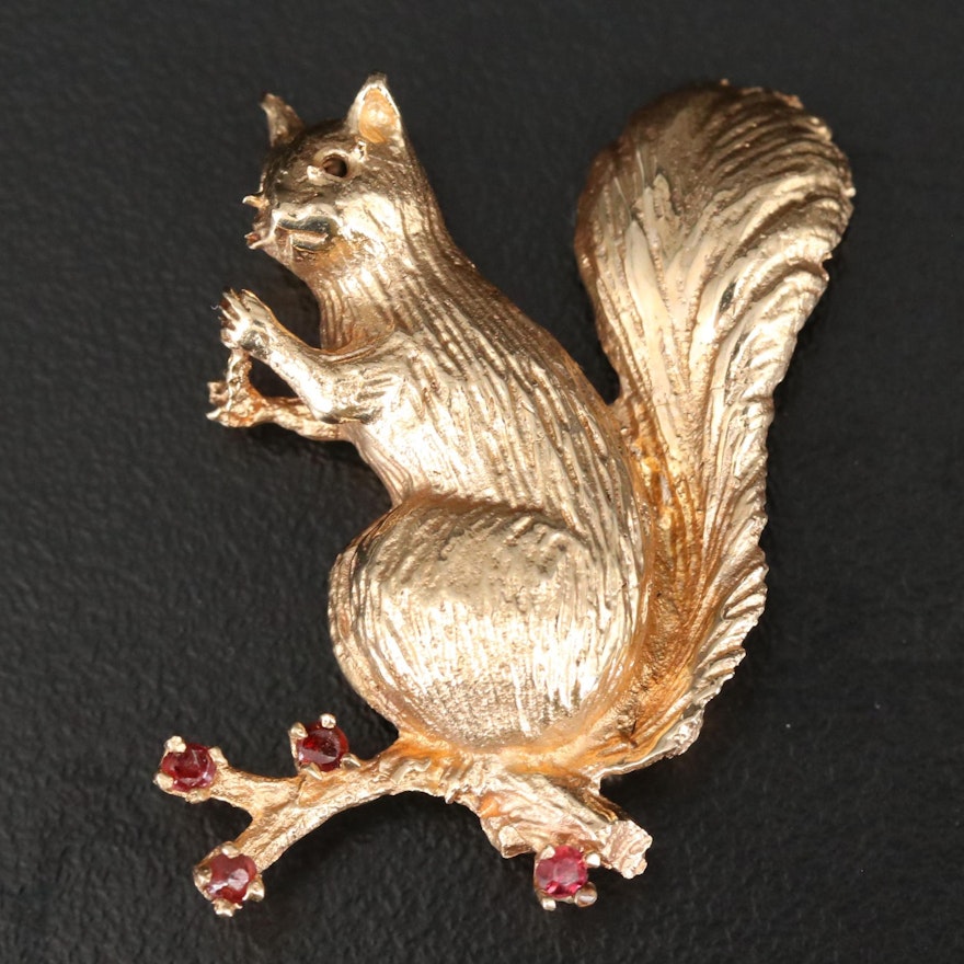 Vintage 14K Garnet Squirrel Brooch