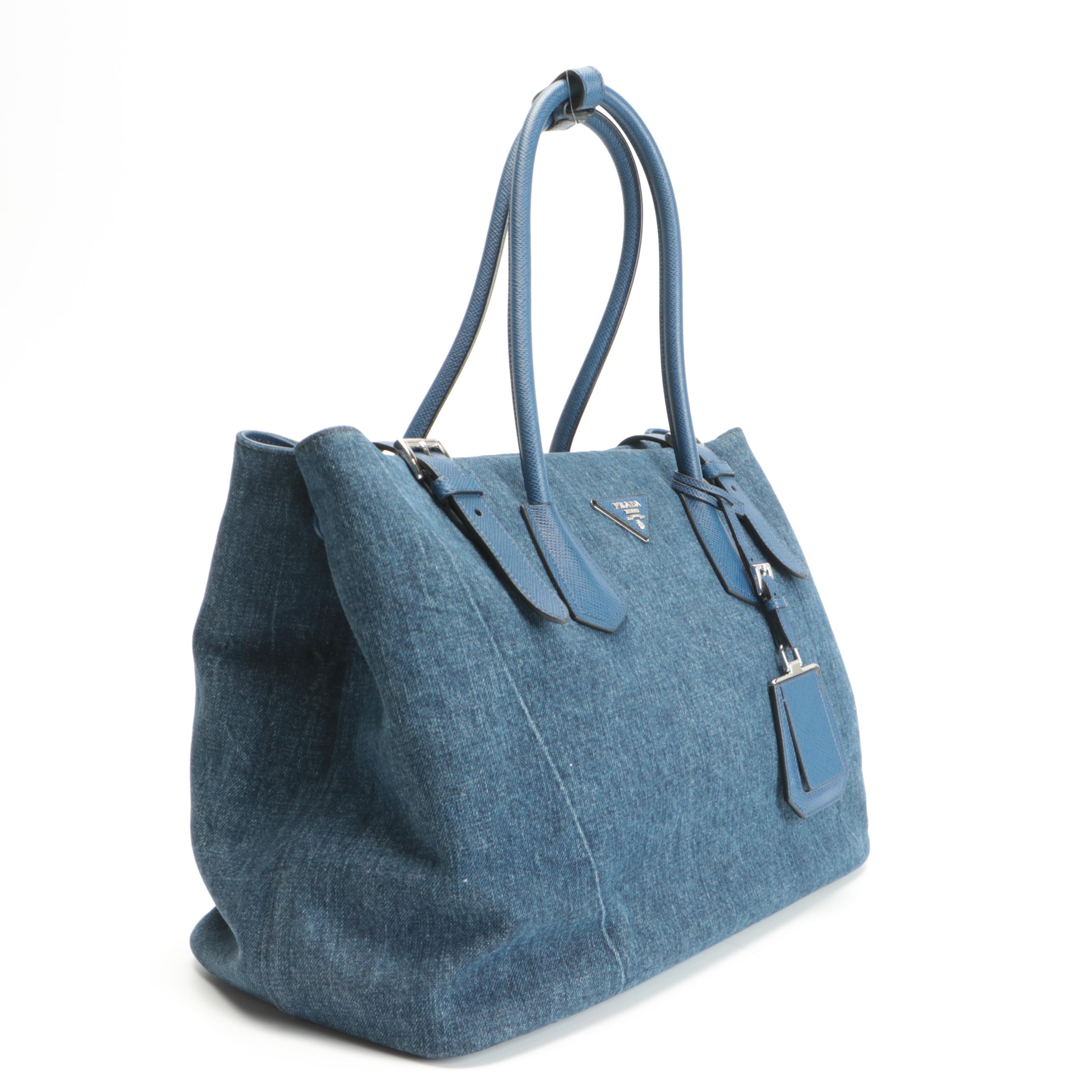 Prada Blue Denim and Saffiano Leather Tote Bag