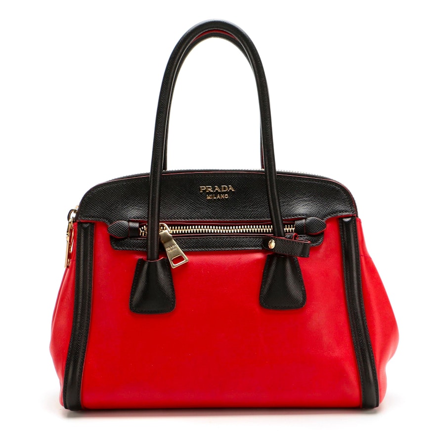 Prada Double-Zip Tote in Red Leather with Black Saffiano Leather Trim