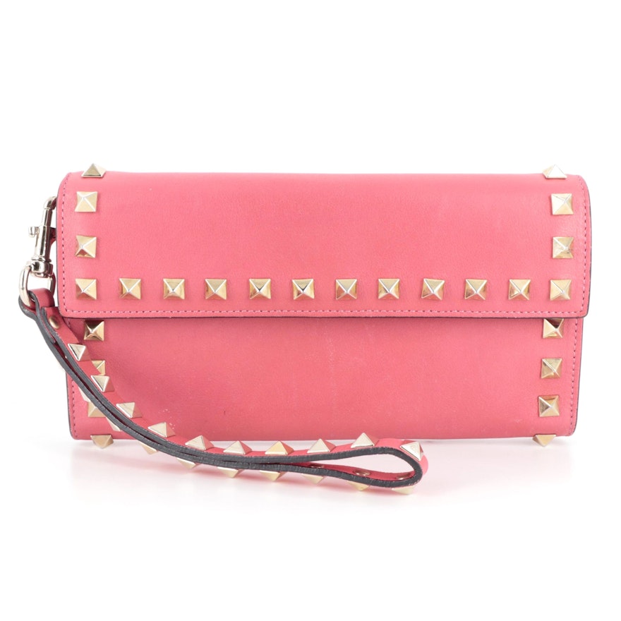 Valentino Rockstud Continental Wristlet Wallet in Pink Leather with Box