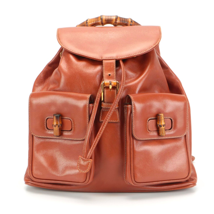 Gucci Bamboo Drawstring Backpack in Cognac Leather