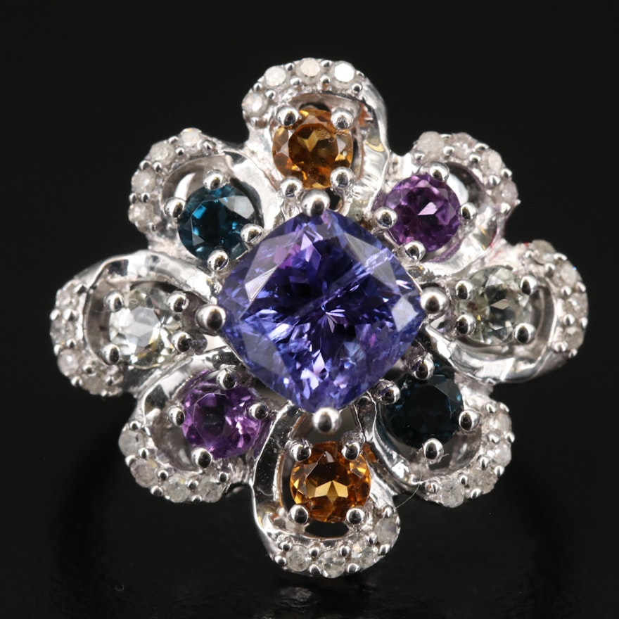 Sterling Tanzanite, Diamond and Amethyst Scallop Ring